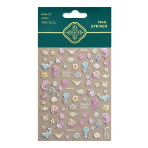 5D embossed ocean nail stickers sheet featuring cute dolphins, jellyfish and fish patterns.