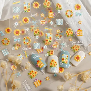 5D embossed sunflower nail stickers cute cartoon floral self-adhesive nail art decals