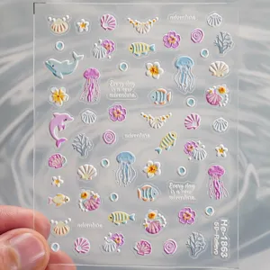 5D embossed ocean nail art stickers featuring cute dolphins, jellyfish, shells and fish designs.