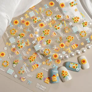 5D embossed sunflower nail stickers cute floral bow nail art decals for DIY manicure.
