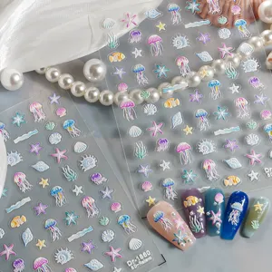5D embossed ocean nail stickers featuring jellyfish, starfish, and shells for DIY nail art.