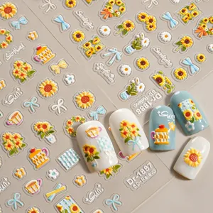 5D relief sunflower nail stickers closeup featuring cute floral and bow designs for stunning nail art.