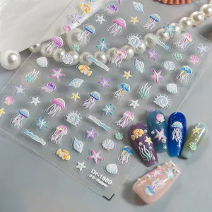 5D embossed marine nail stickers featuring cute jellyfish starfish shells and ocean fish designs.