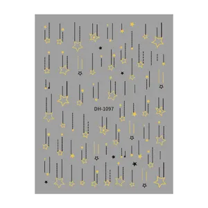 Gold star nail art sticker sheet with hanging lines design for DIY decoration detail view.