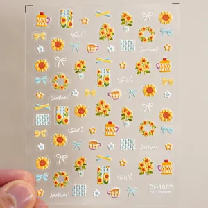 5D embossed sunflower nail art stickers cute cartoon bow tea cup self adhesive decals