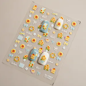 5D embossed sunflower nail stickers cute bows adhesive nail art decals for DIY manicure design