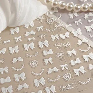5D embossed white bow pearl nail art stickers cute 3D adhesive manicure decals design