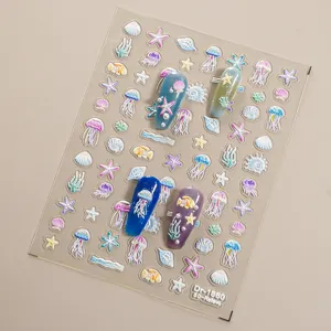 5D relief ocean nail stickers featuring cute jellyfish and starfish for trendy nail art.