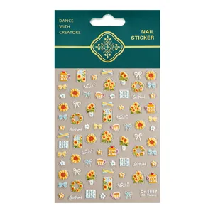 5D embossed sunflower nail art stickers detailed close up showing cute floral bow designs and textures.