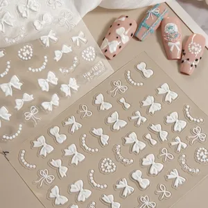 5D embossed white bow pearl nail art stickers transparent adhesive manicure decals