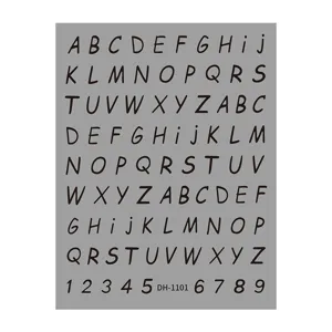 Detail view of 3D English alphabet letters and numbers nail stickers sheet for DIY nail art design.