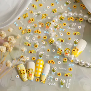 5D Embossed Sunflower Nail Art Stickers Cute Daisy Bowknot Self Adhesive Decals Ins Style Nail Design Manicure Accessories