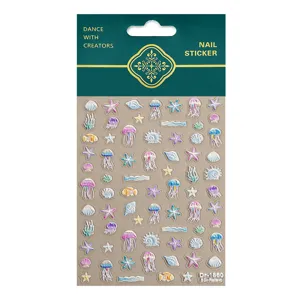 5D relief ocean theme nail stickers featuring cute jellyfish shells and starfish for art.