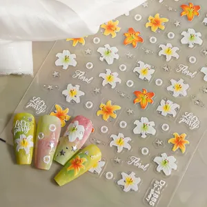 5D embossed lily nail stickers with silver foil floral decals for stunning DIY nail art designs.