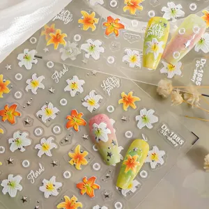 5D embossed lily flower nail stickers, silver hot stamping floral decals for manicure art.