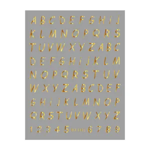 Gold foil alphabet nail stickers detail, 3D English letters and numbers nail art decals.