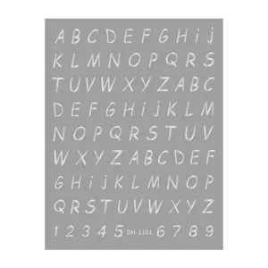 Detail close-up view of 3D metallic alphabet and number nail art stickers sheet gold.