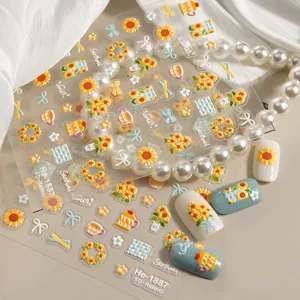 5D embossed sunflower nail art stickers cute floral adhesive decals for manicure design