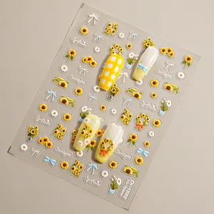 5D embossed sunflower nail art stickers, cute cartoon floral adhesive decals for manicure design.