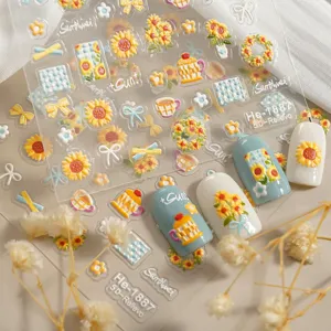 5D embossed sunflower nail stickers cute 3D floral bow nail art decals for women DIY manicure