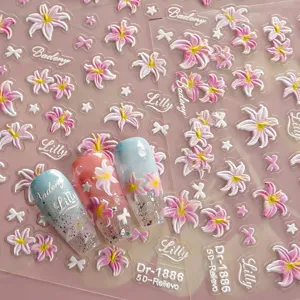 5D Relief Lily Flower Nail Art Stickers Hot Stamping Silver Ins Style Butterfly Star Decals DIY Manicure Decorations