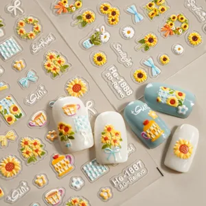 5D embossed sunflower nail stickers cute floral adhesive decals for manicure art decor