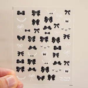 5D embossed black and white bow nail art stickers pearl cute DIY manicure decals sheet