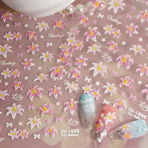 5D embossed lily flower nail stickers cute pink floral nail art decals for women girls