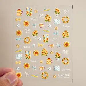 5D embossed sunflower nail stickers transparent cute floral nail art decals for women girls