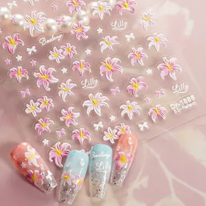 5D embossed lily flower nail art stickers detail view, cute bows and stars design for manicure.