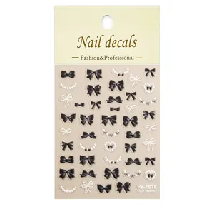 5d embossed nail art stickers black white bow pearls adhesive manicure decals for women