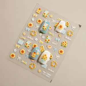 5D embossed sunflower nail art stickers cute floral bow design DIY manicure decal