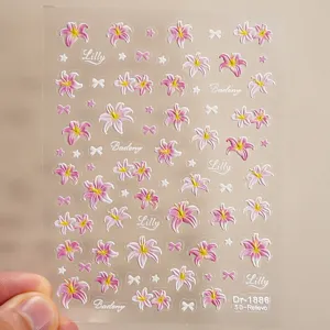 5D embossed lily flower nail art stickers with silver foil details, gorgeous 3D nail decals.