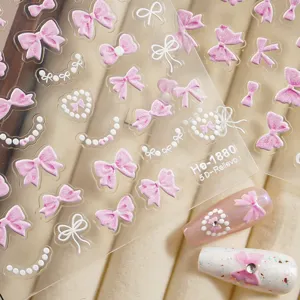 5D embossed pink bow pearl nail art stickers set cute self-adhesive decals for manicure design