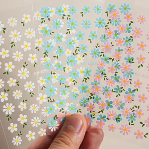 Cute 3D floral nail art stickers white blue pink daisy adhesive nail decals for salon