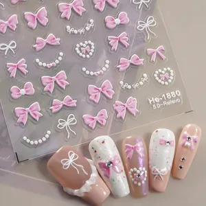 5D embossed nail stickers cute pink bows pearls adhesive nail art decals for women