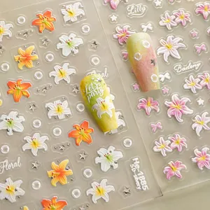 5D embossed lily nail art stickers with hot silver details, exquisite floral manicure decals.