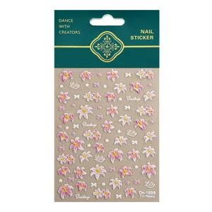 Detailed view of 5D embossed lily flower nail stickers with shiny silver accents and bows.