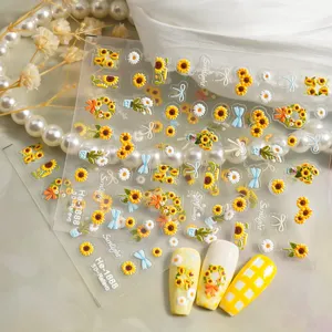 5D embossed sunflower nail art stickers cute floral manicure decals for DIY nail design decoration