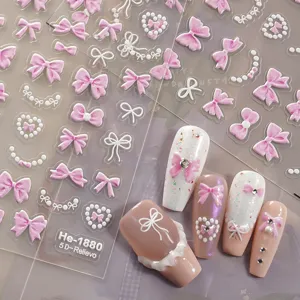 5D relief bow nail stickers with pearls, delicate pink nail art decals for manicures.