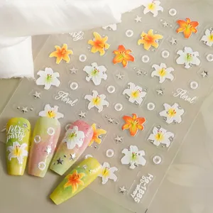 5D embossed silver foil lily flower nail art stickers with 3D cute floral decals for manicure.
