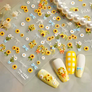 5D embossed sunflower nail art stickers cute daisy bow sticky decals for manicure decoration