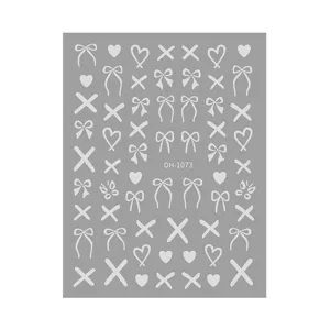 3D white bow heart nail stickers adhesive decals for women girls manicure art design DIY