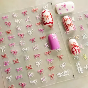 5D embossed cute bow nail stickers, delicate adhesive decals for DIY nail art design and salon use.