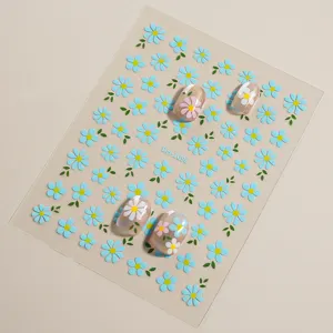 3D blue white daisy nail art stickers floral design self-adhesive manicure decal sheets