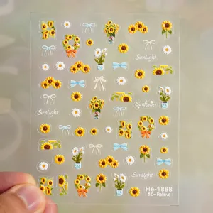 5D embossed sunflower nail stickers, cute daisy bow design, transparent nail art decals.