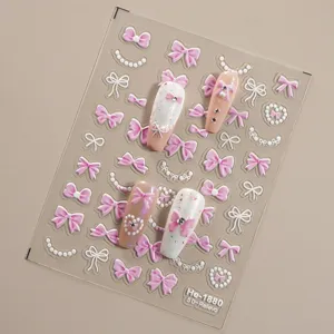 5D embossed cute pink bow nail art stickers with pearl and heart for manicure DIY