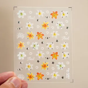 5D embossed lily flower nail stickers with silver foil stars, transparent sheet nail art decals.
