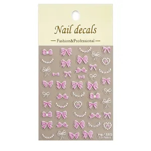 5D embossed bow nail stickers cute pearl nail decals sweet manicure accessories for women girls
