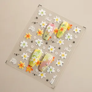 5D embossed nail stickers featuring elegant lily flowers and silver foil stars for DIY nail art design.